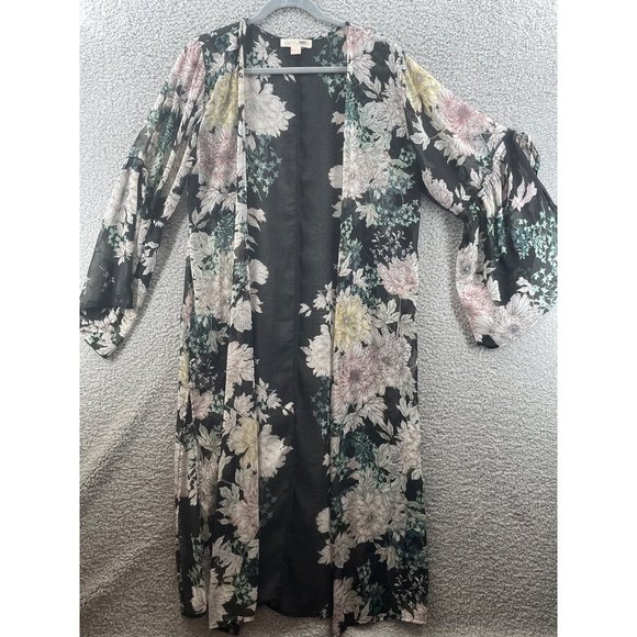 Band of Gypsies Bohemian Kimono Long Floral Black Background Size Small - Picture 1 of 10
